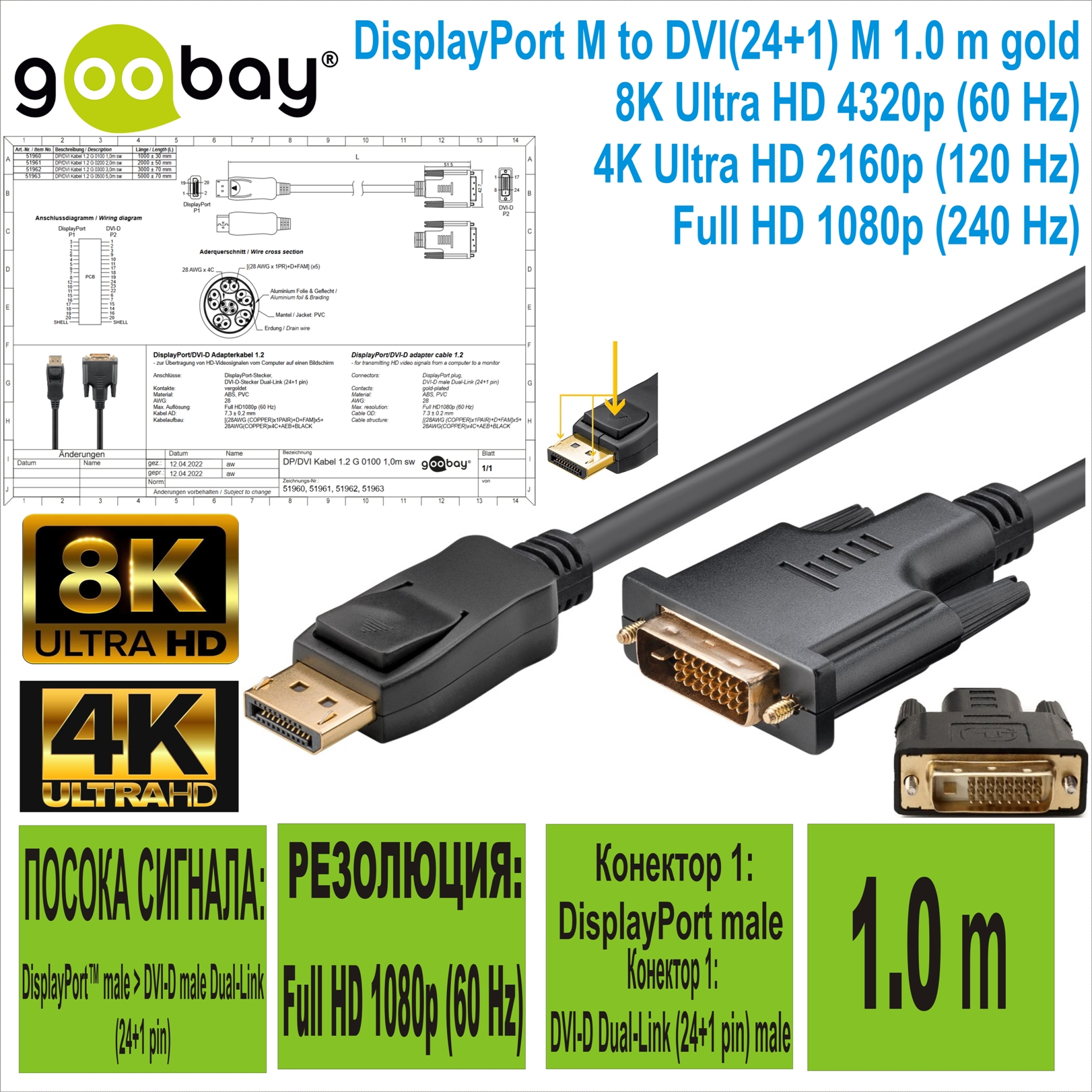 DisplayPort M to DVI(24+1) M 1.0 m GOOBAY(51960)
