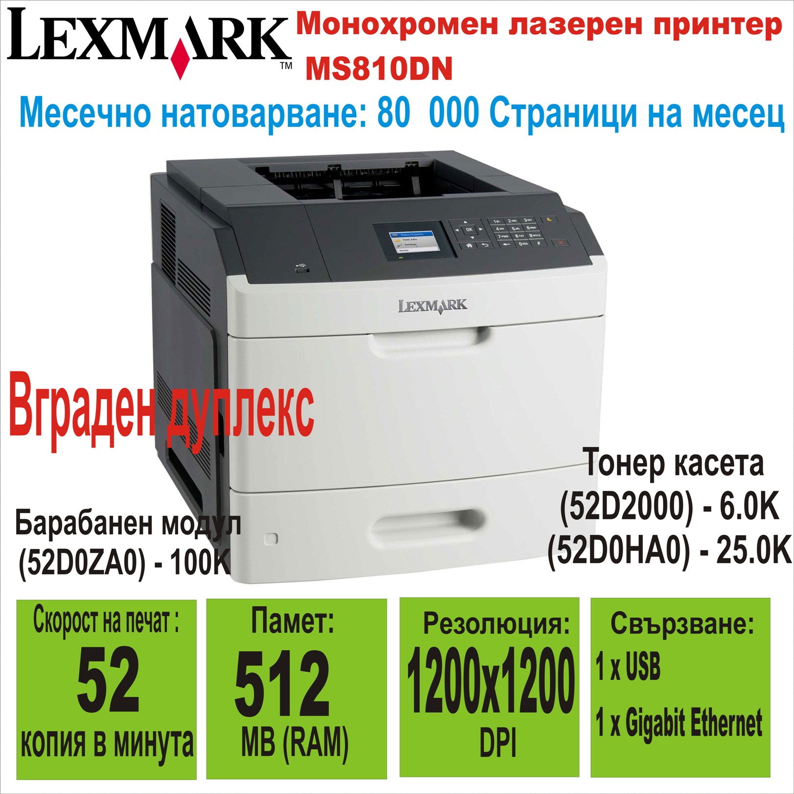 Лазерен принтер Lexmark MS810DN