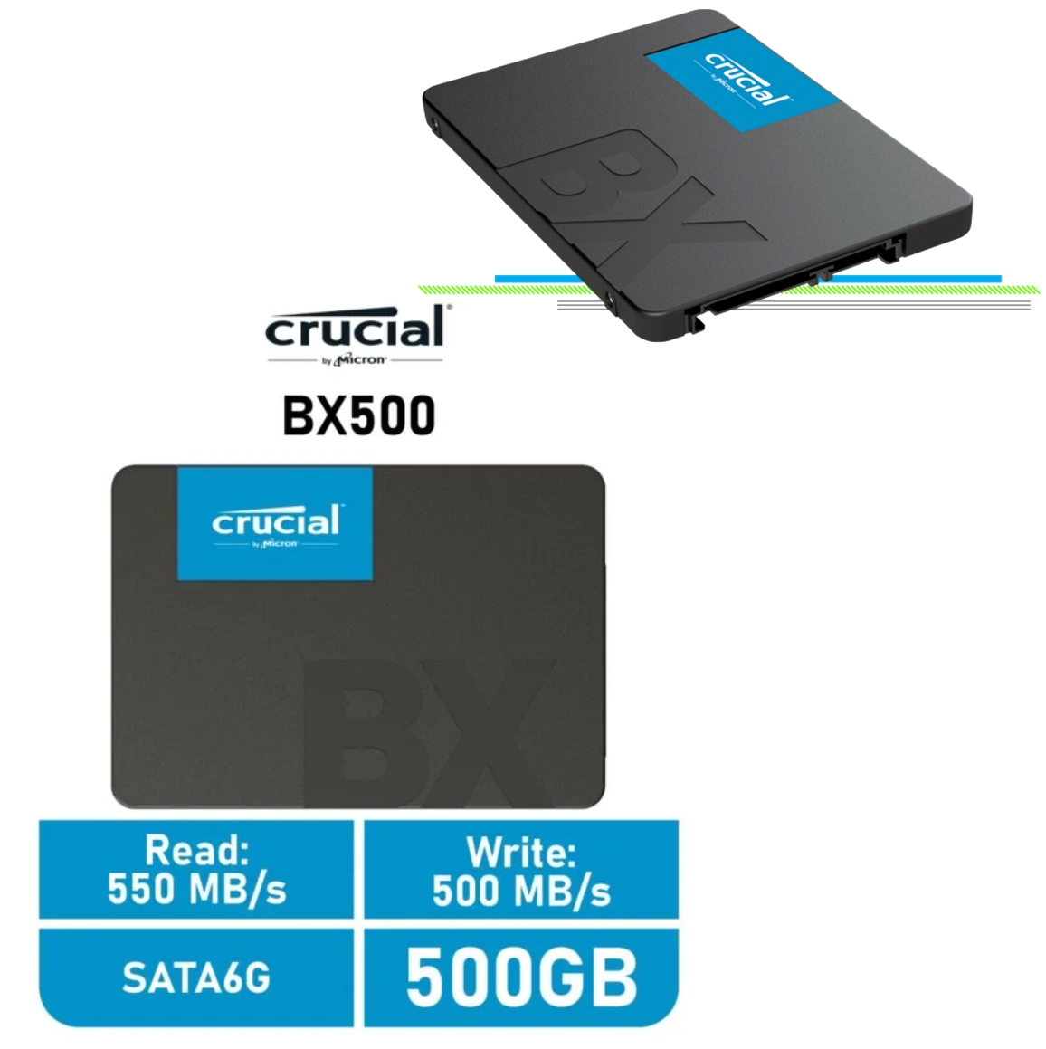 2.5”  500GB SSD Crucial® BX500 3D NAND