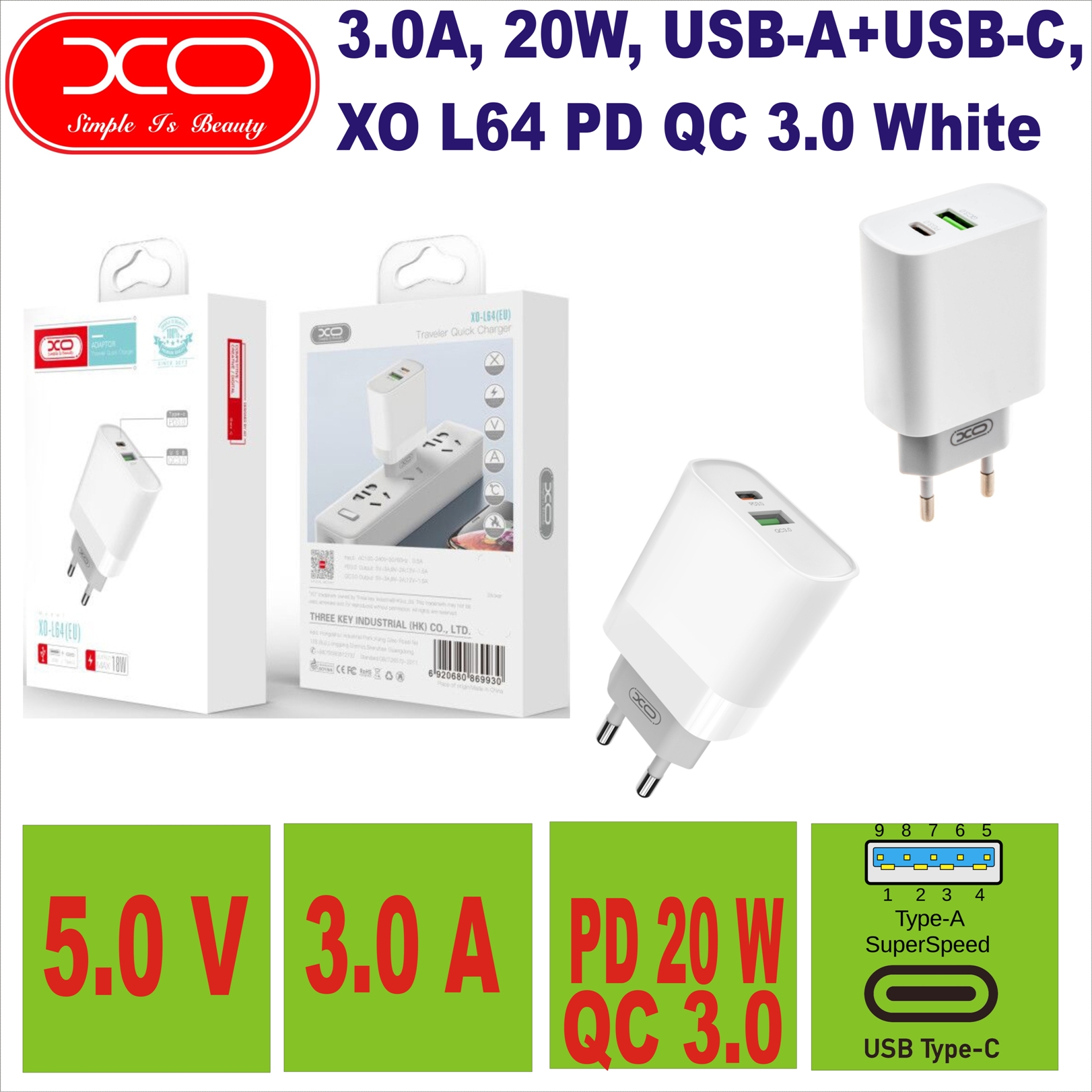 3.0A, 20W, USB-A+USB-C, XO L64 PD QC 3.0 White