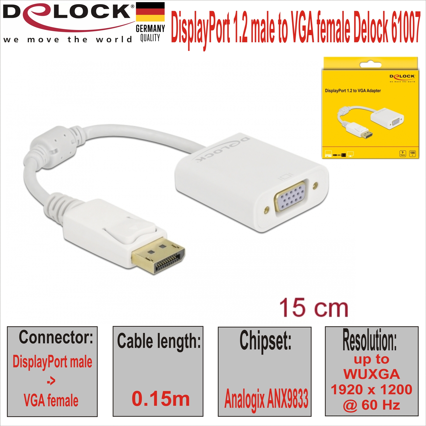 DisplayPort 1.2 male to VGA female Delock 61007