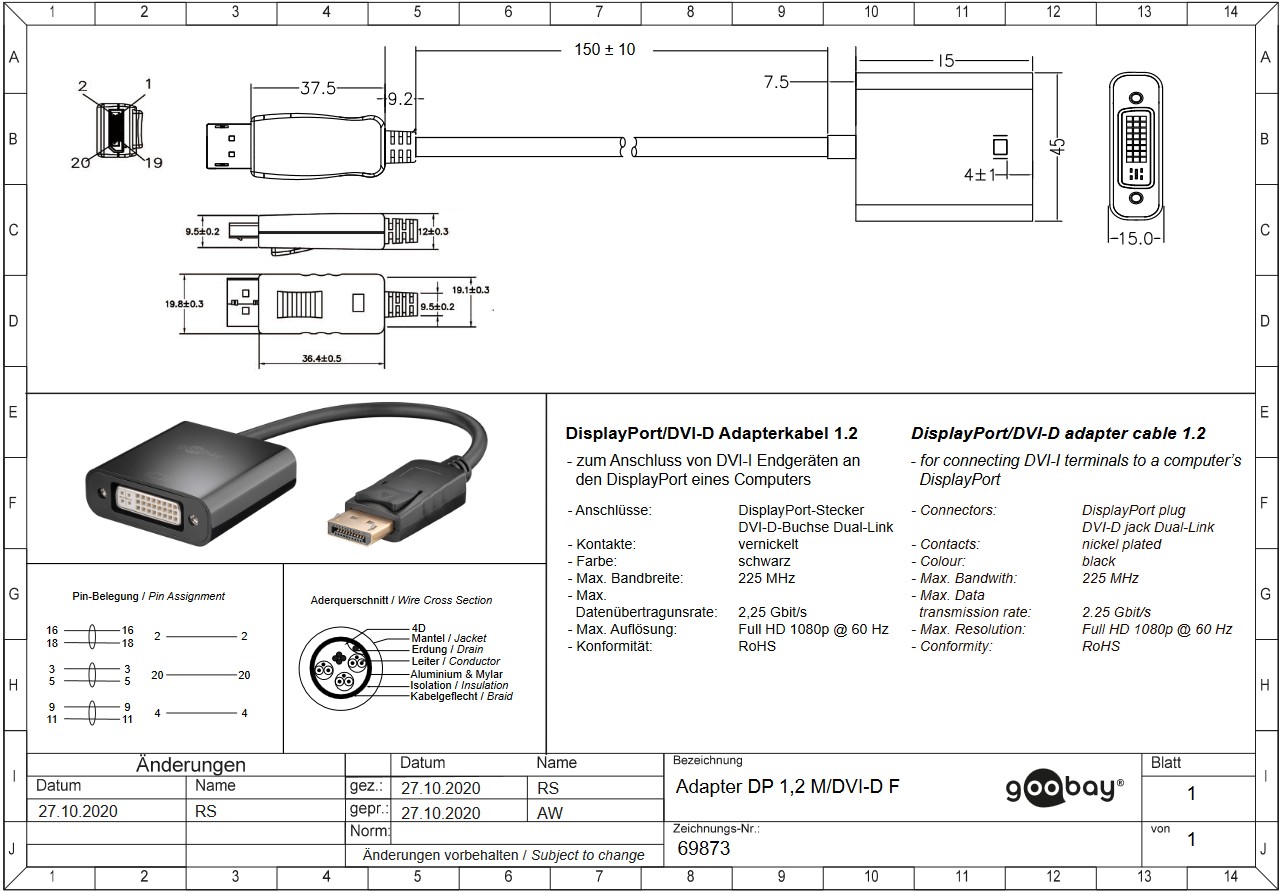 DisplayPort male to DVI-I female(24+5pin)GOOBAY