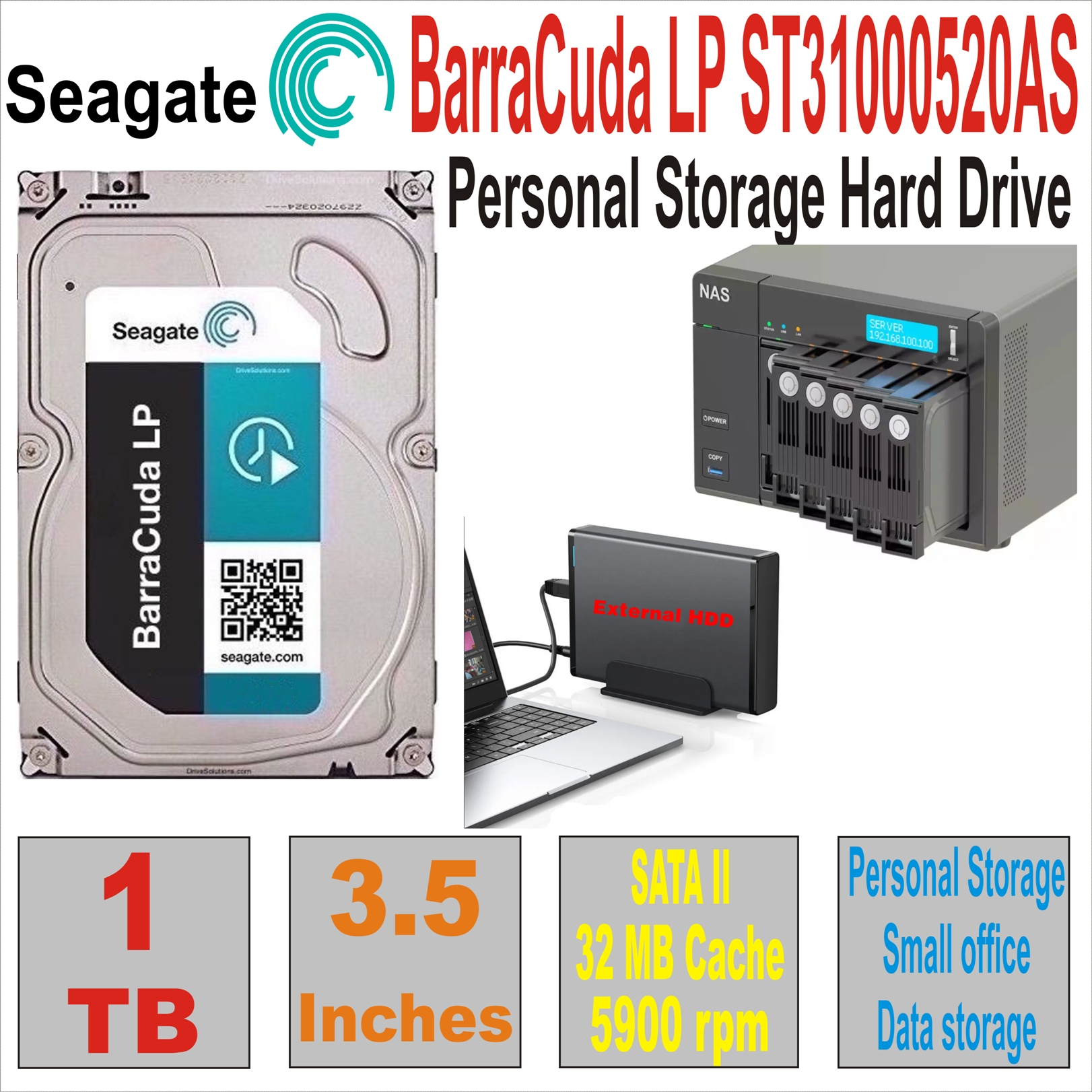 HDD 3.5` 1 TB SEAGATE BarraCuda LP ST31000520AS