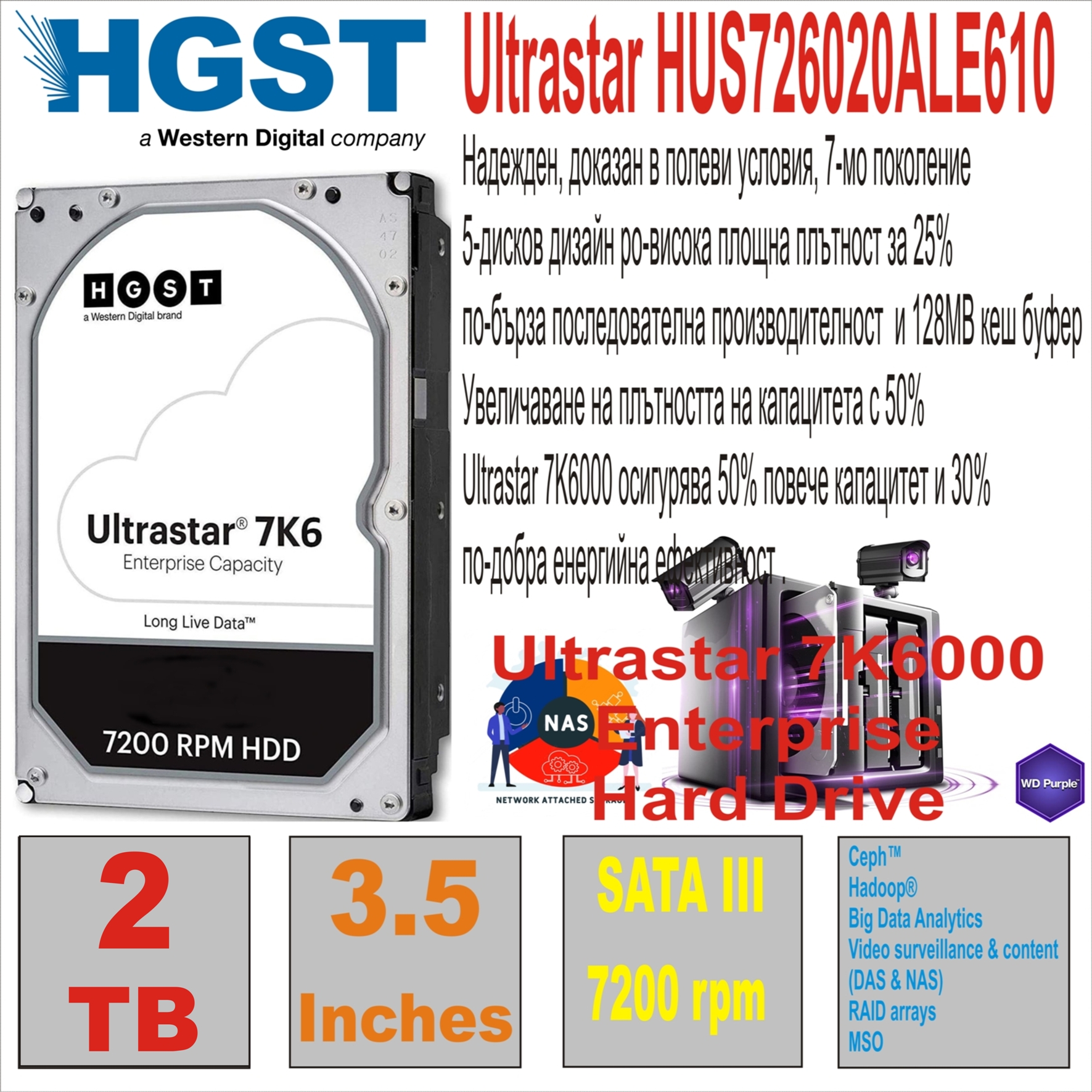 HDD 3.5` 2 TB HITACHI Ultrastar HUS726020ALE610