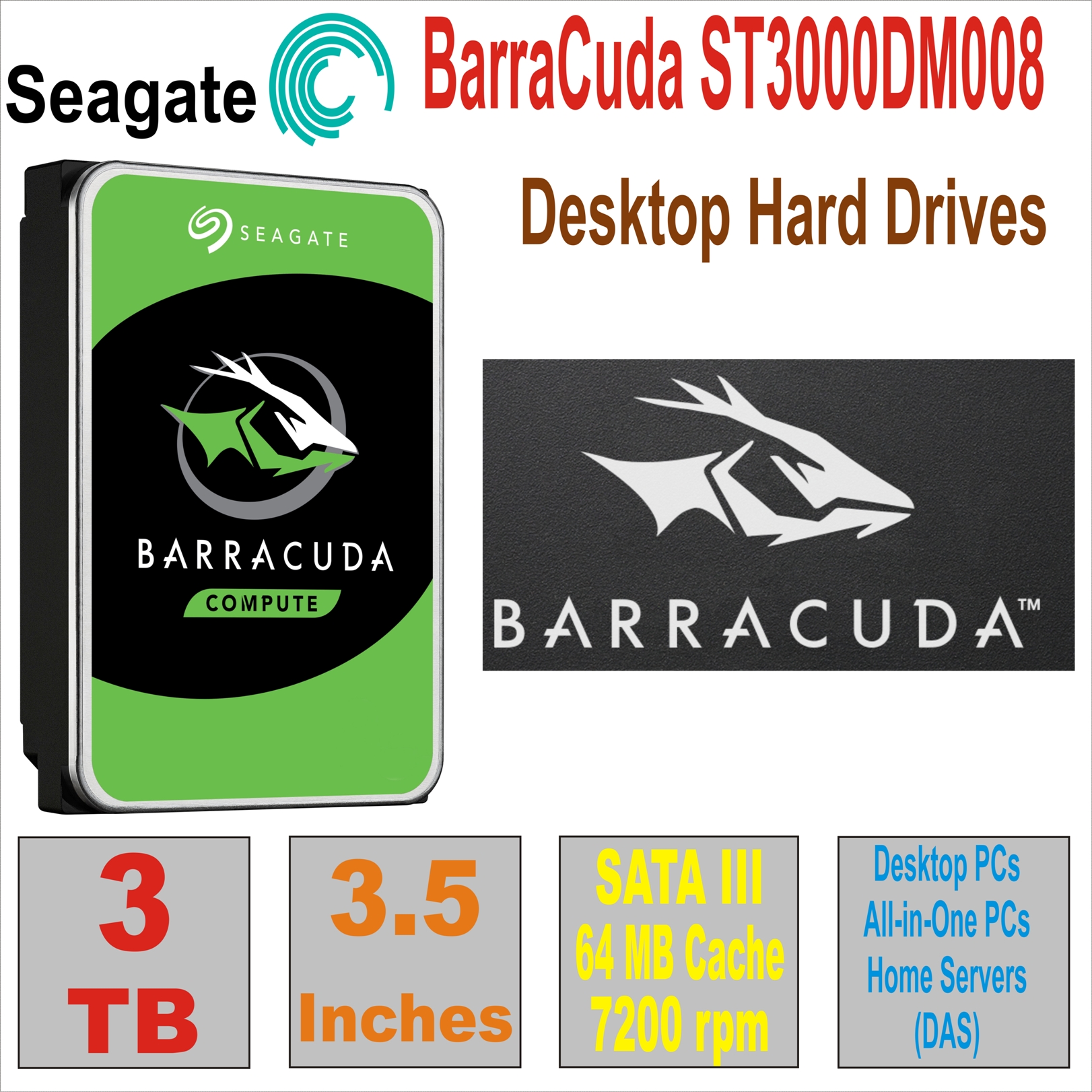 HDD 3.5` 3 TB SEAGATE BarraCuda ST3000DM008