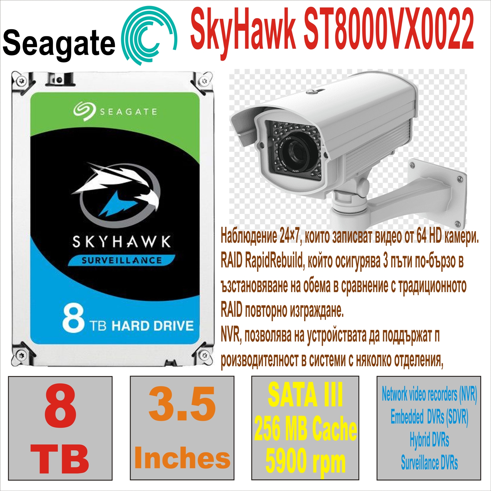 HDD 3.5` 8 TB SEAGATE SkyHawk ST8000VX0022