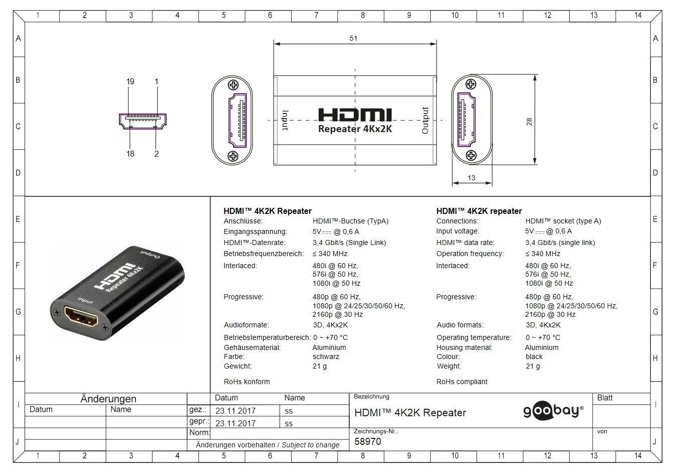 HDMI-F to HDMI-F Repeater 40m 4K/2K Goobay