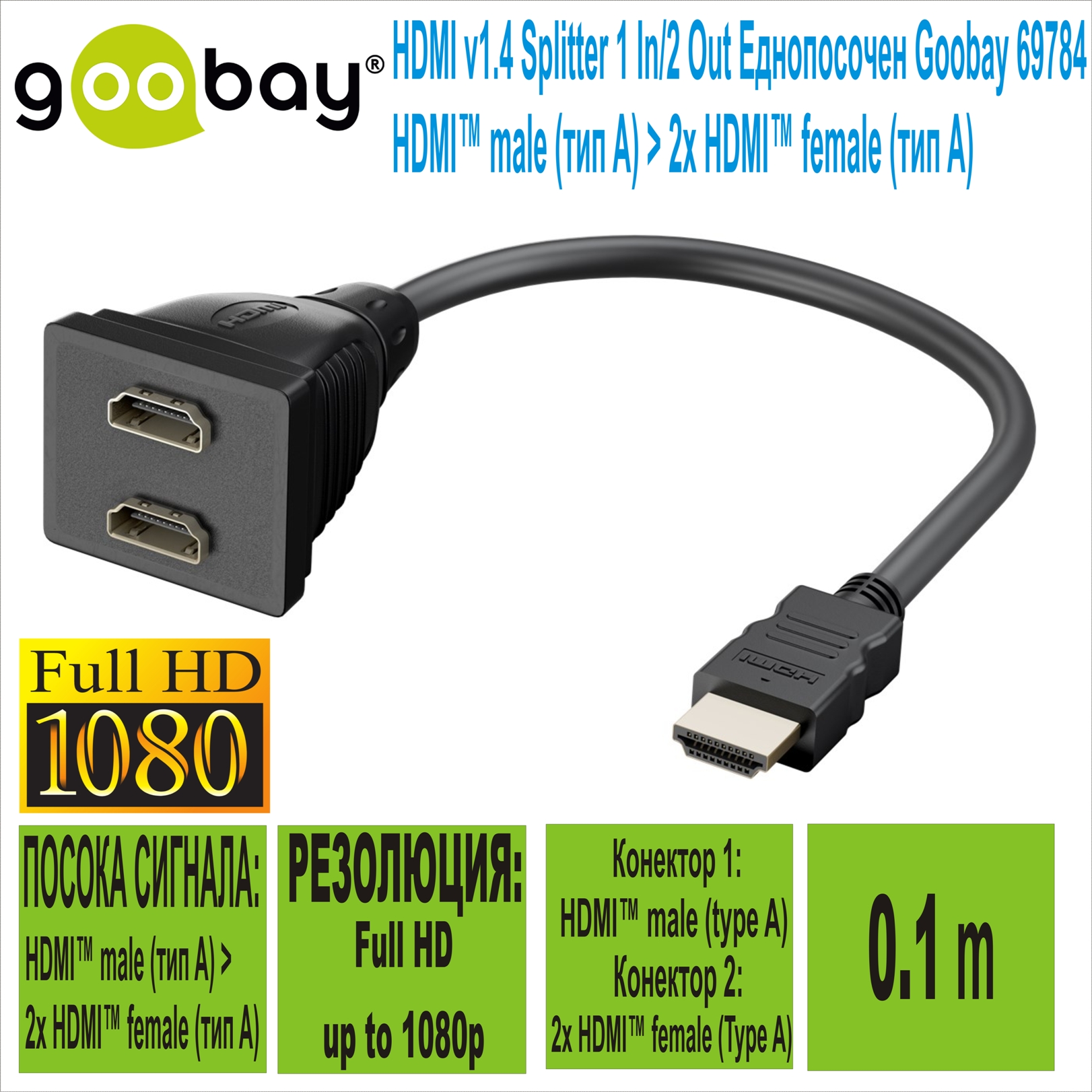 HDMI Splitter 1 in to 2 out Едноп. Goobay 69784