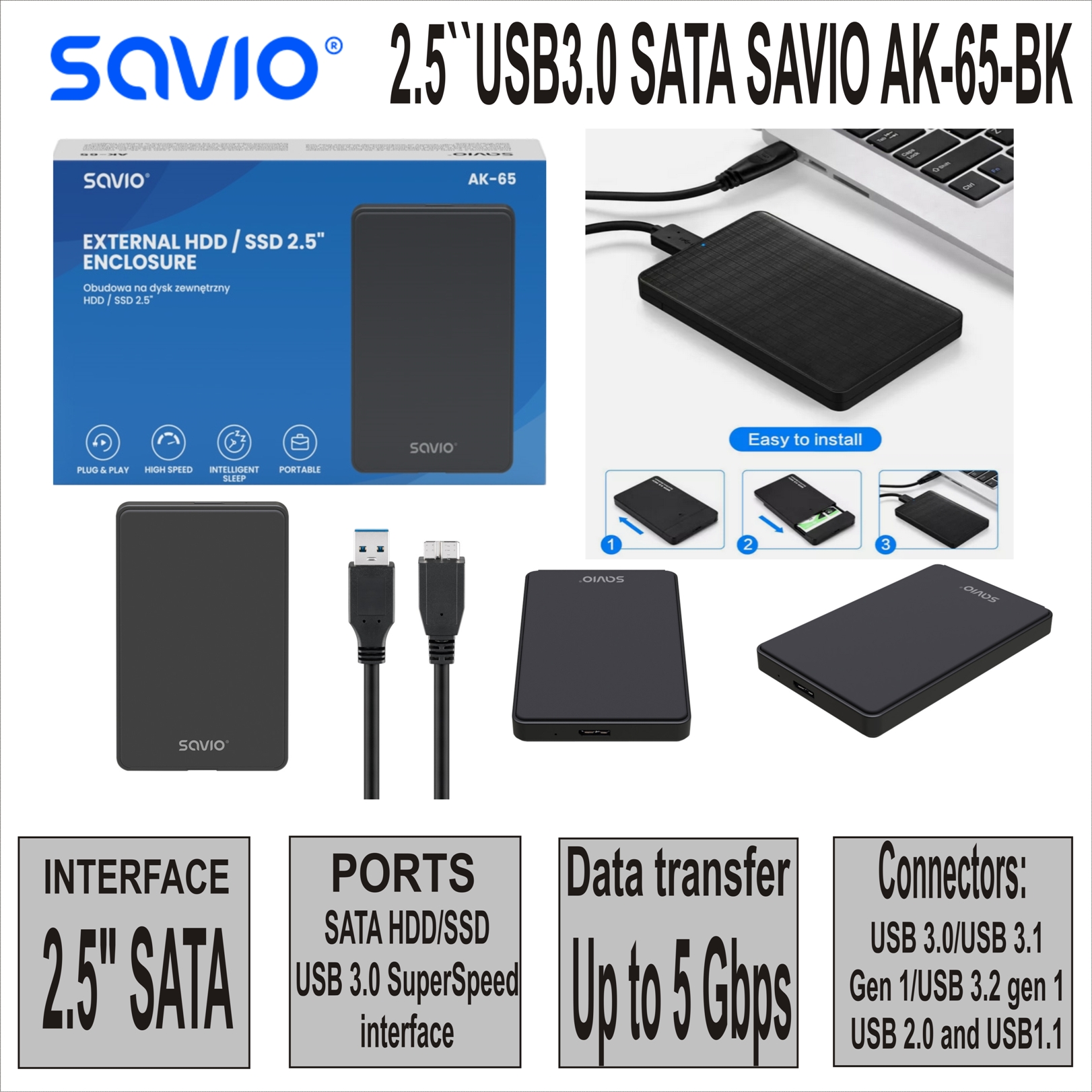 Кутия за диск 2.5``USB3.0 SATA SAVIO AK-65-BK