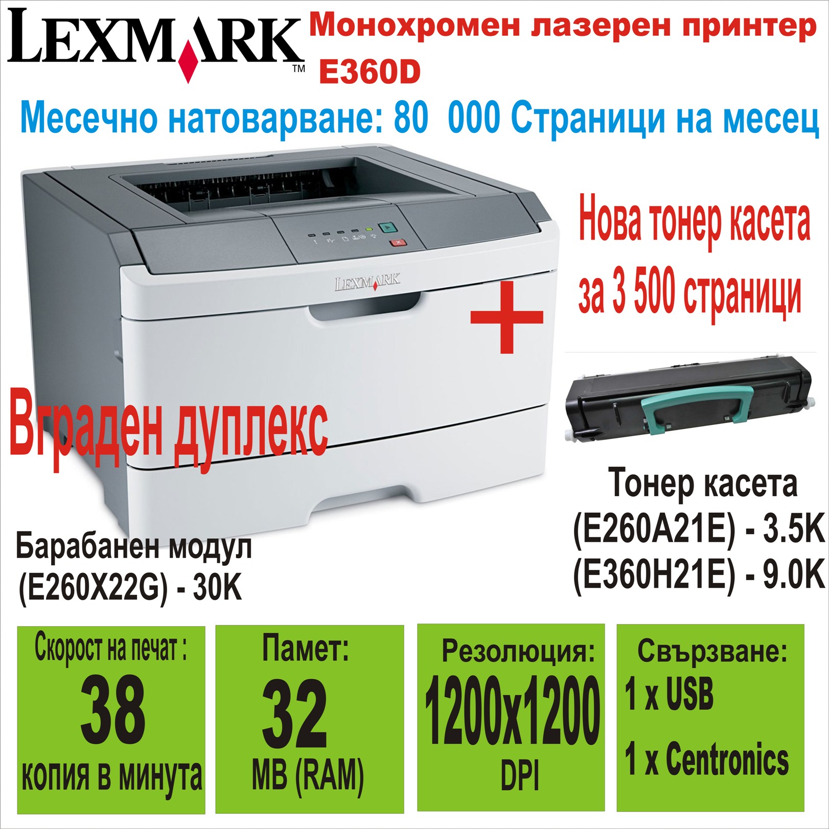 Лазерен принтер Lexmark E360D+Нова Тонер Касета