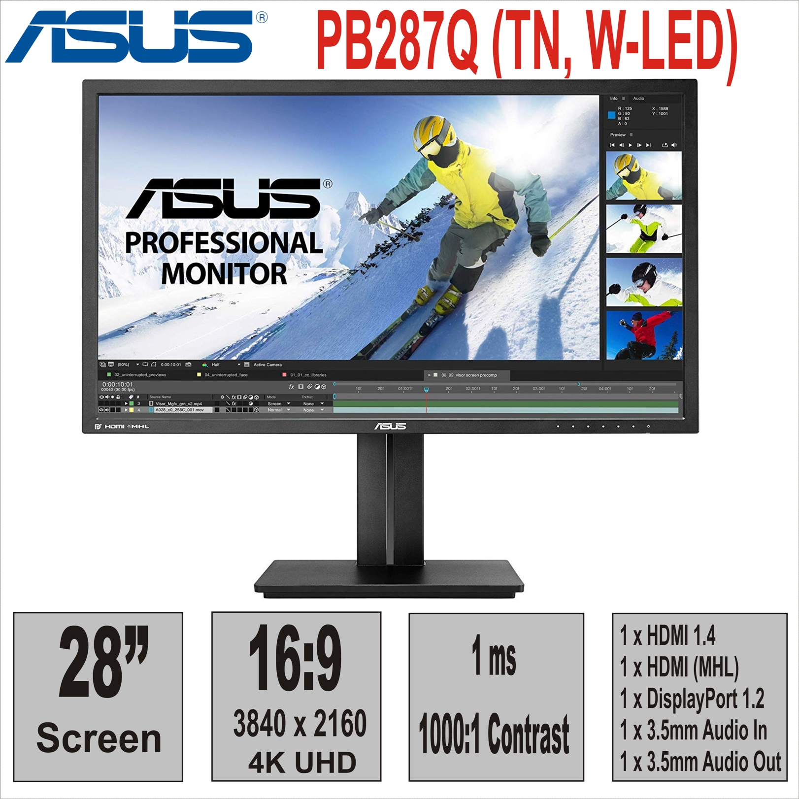 Монитор 28“ ASUS PB287Q (TN, W-LED)