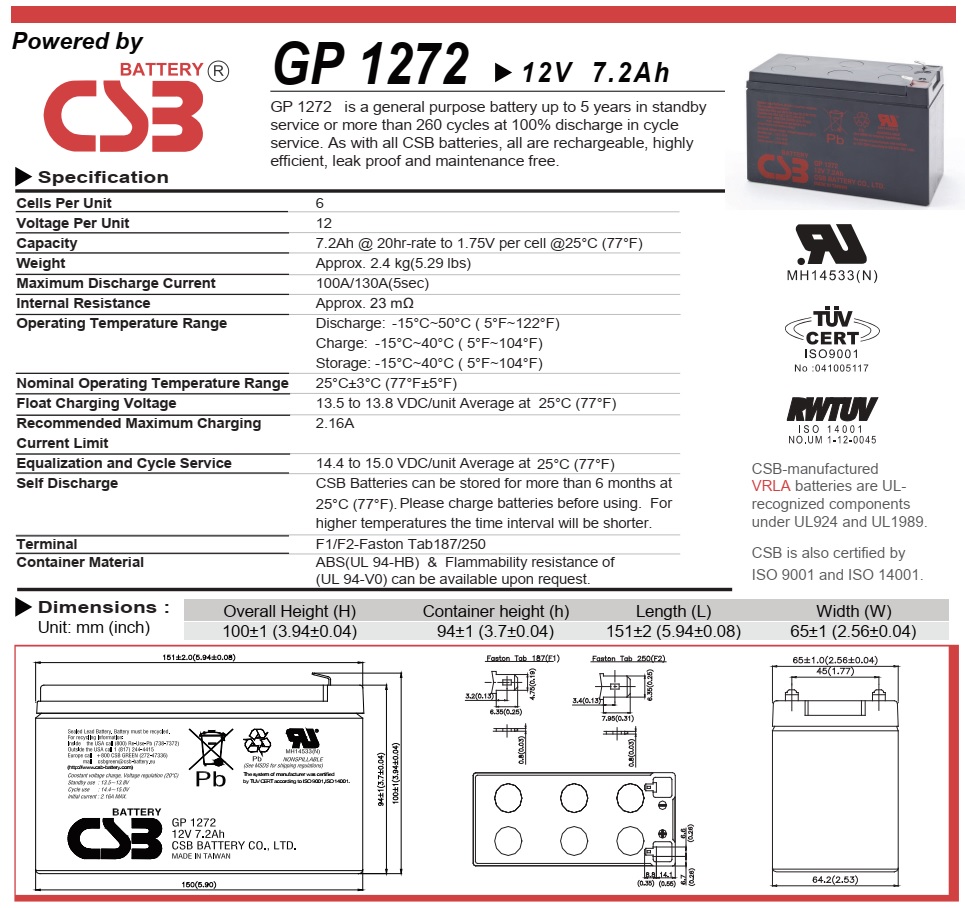 Оловна батерия 12 V/ 7.2 Ah CSB GP1272F2