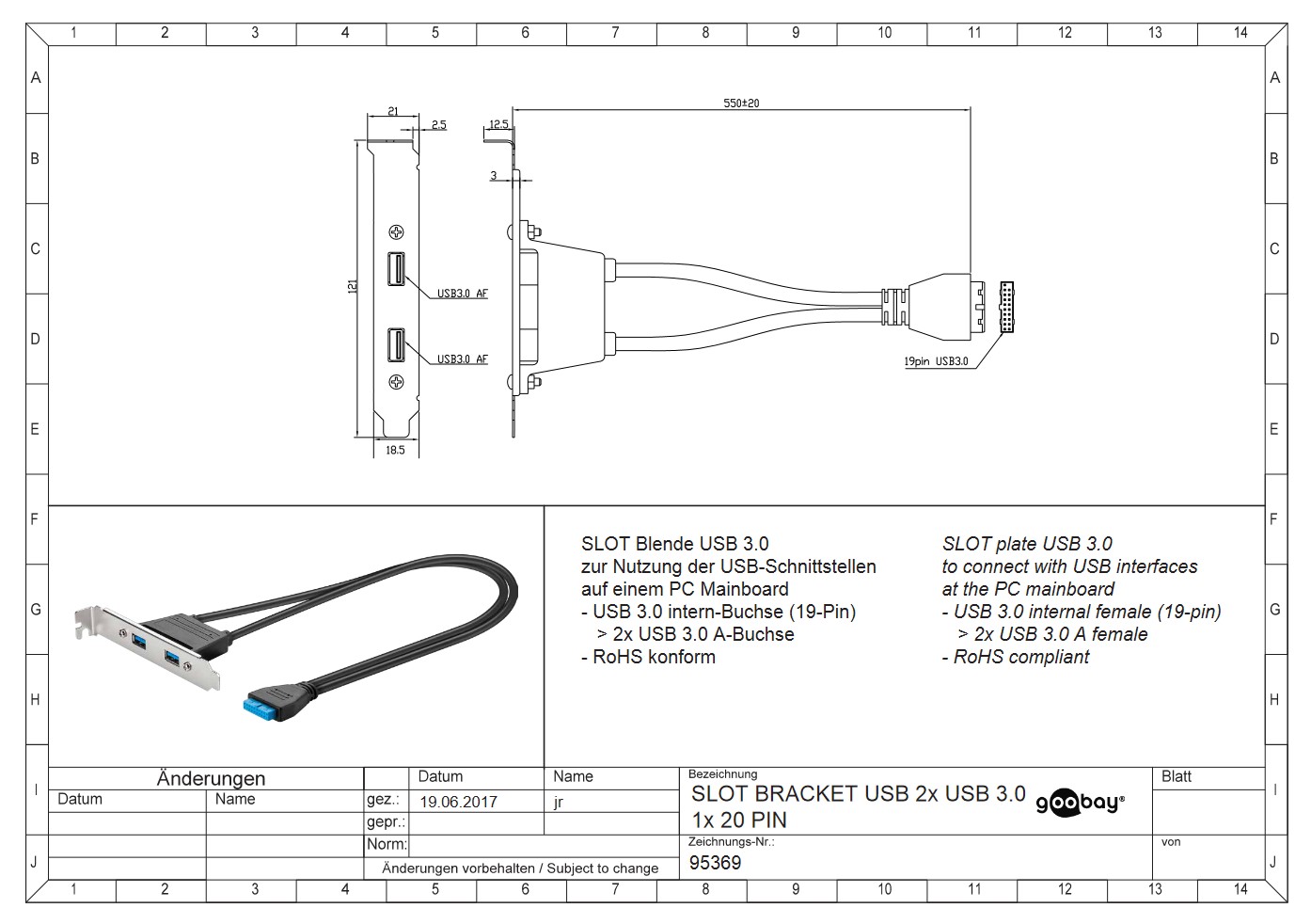 Преходник 19pin към 2x USB 3.0 бракет GOOBAY