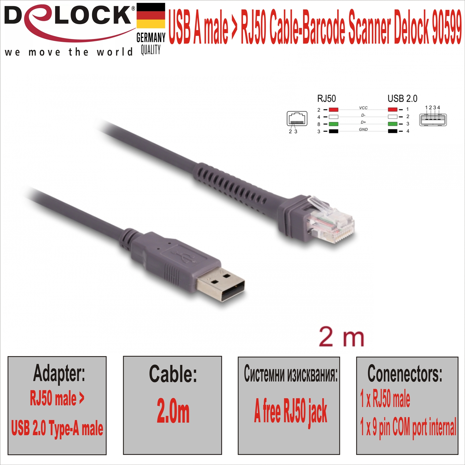 USB A male > RJ50 Cable-Barcode Scanner Delock