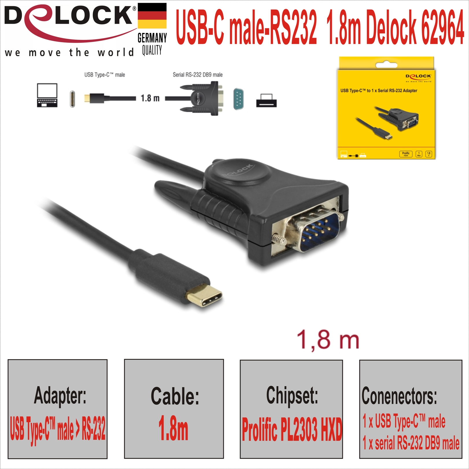 USB-C male->RS232  1.8m Delock 62964