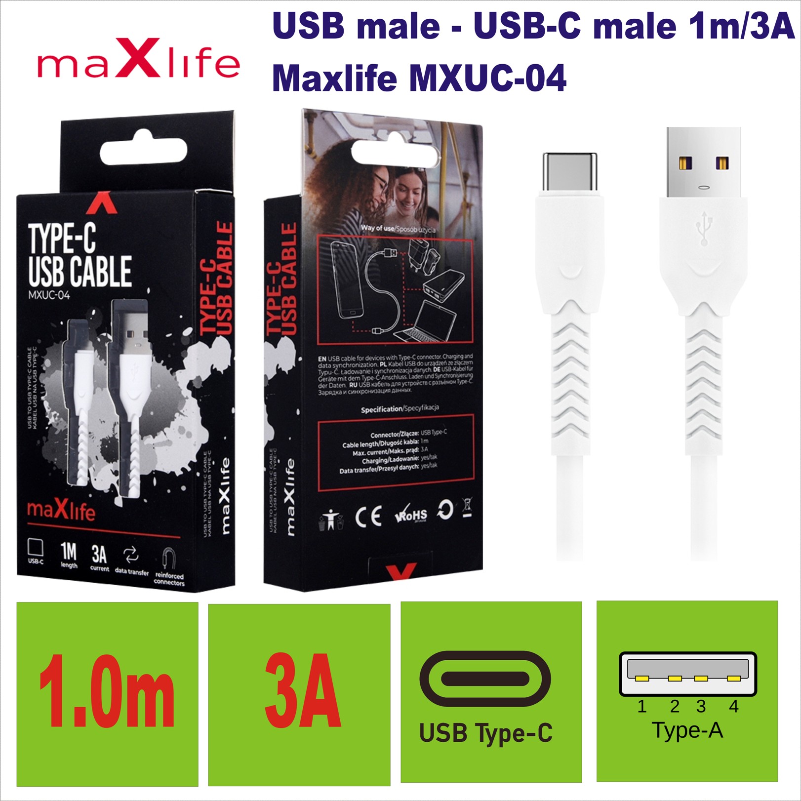 USB male - USB-C male 1m/3A Maxlife MXUC-04