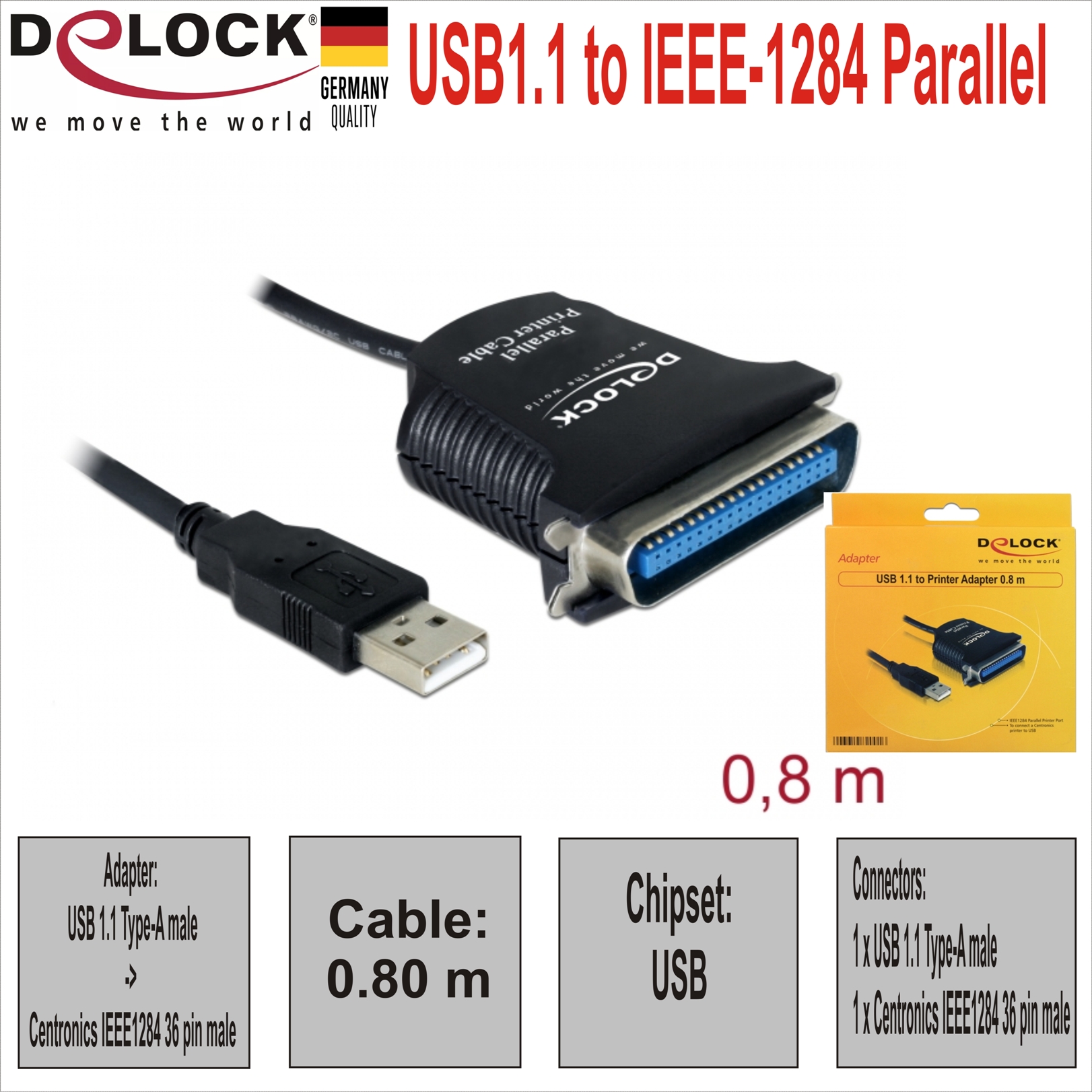 USB1.1 to IEEE-1284 Parallel 0.8m Delock 82001