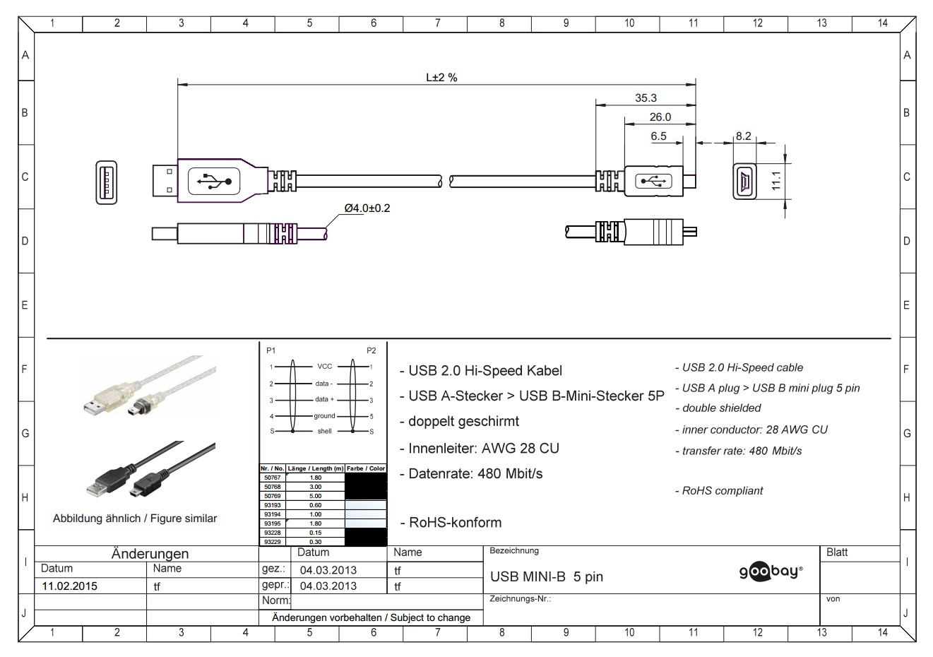 USB2.0 A Male > 5-pin Mini B Male 1.8m GOOBAY
