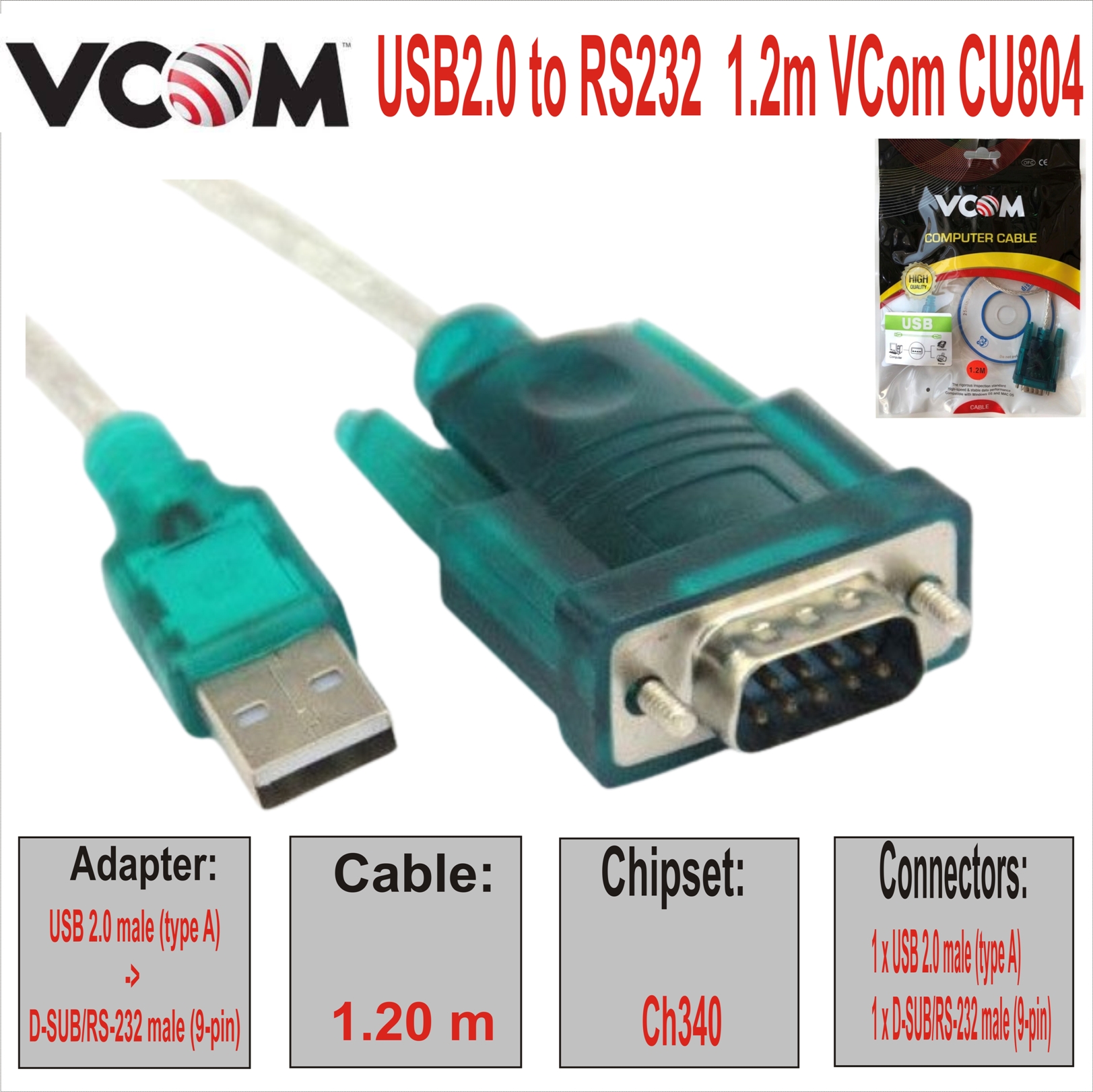 USB2.0 to RS232  1.2m VCom CU804