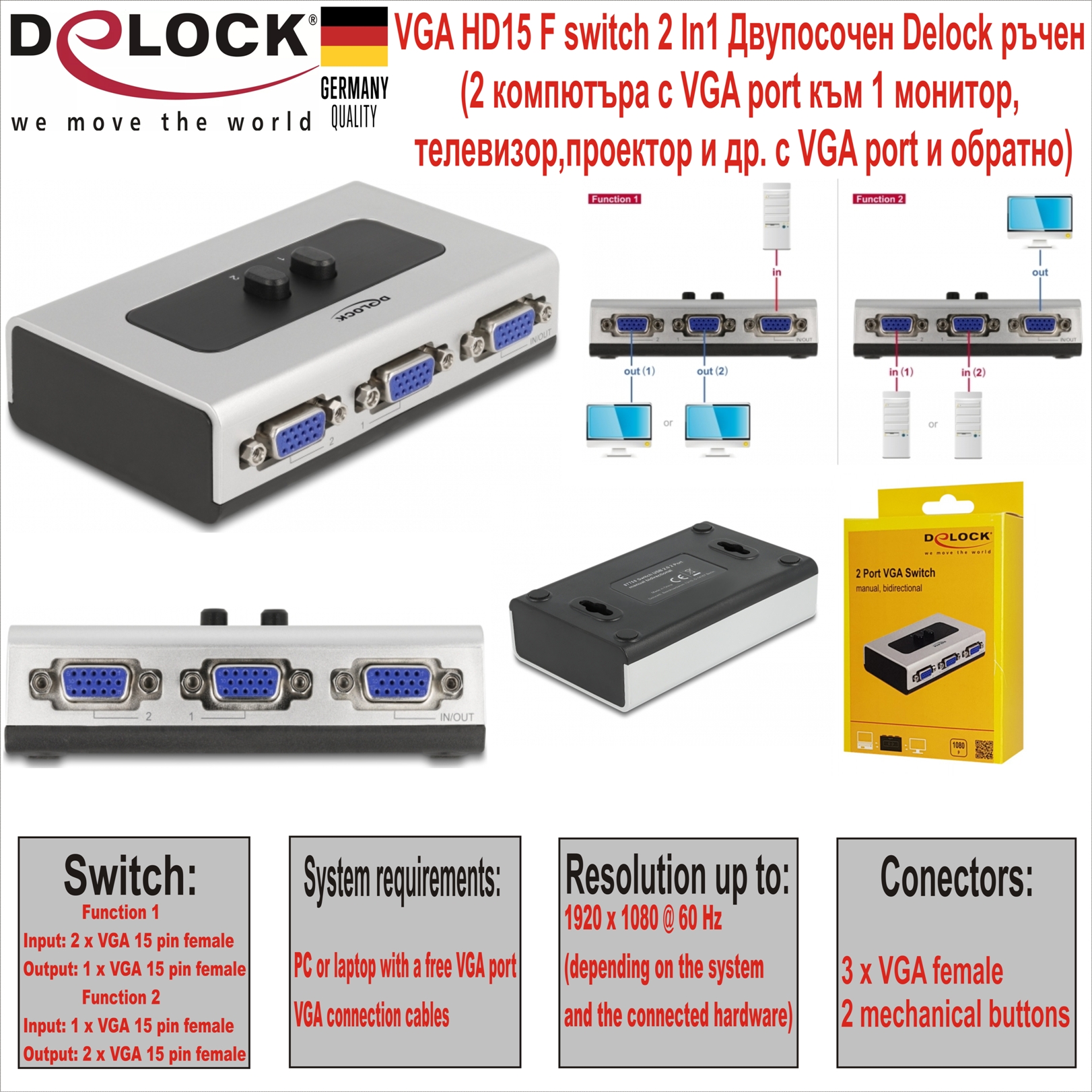 VGA HD15 F switch 2 In/1 Двупосочен Delock ръчен