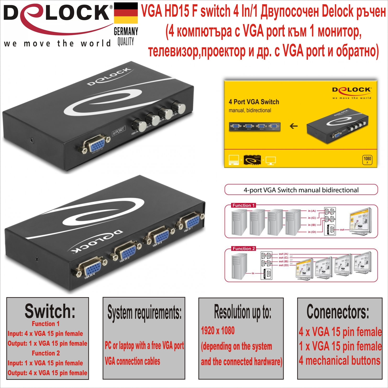 VGA HD15 F switch 4 In/1 Двупосочен Delock ръчен