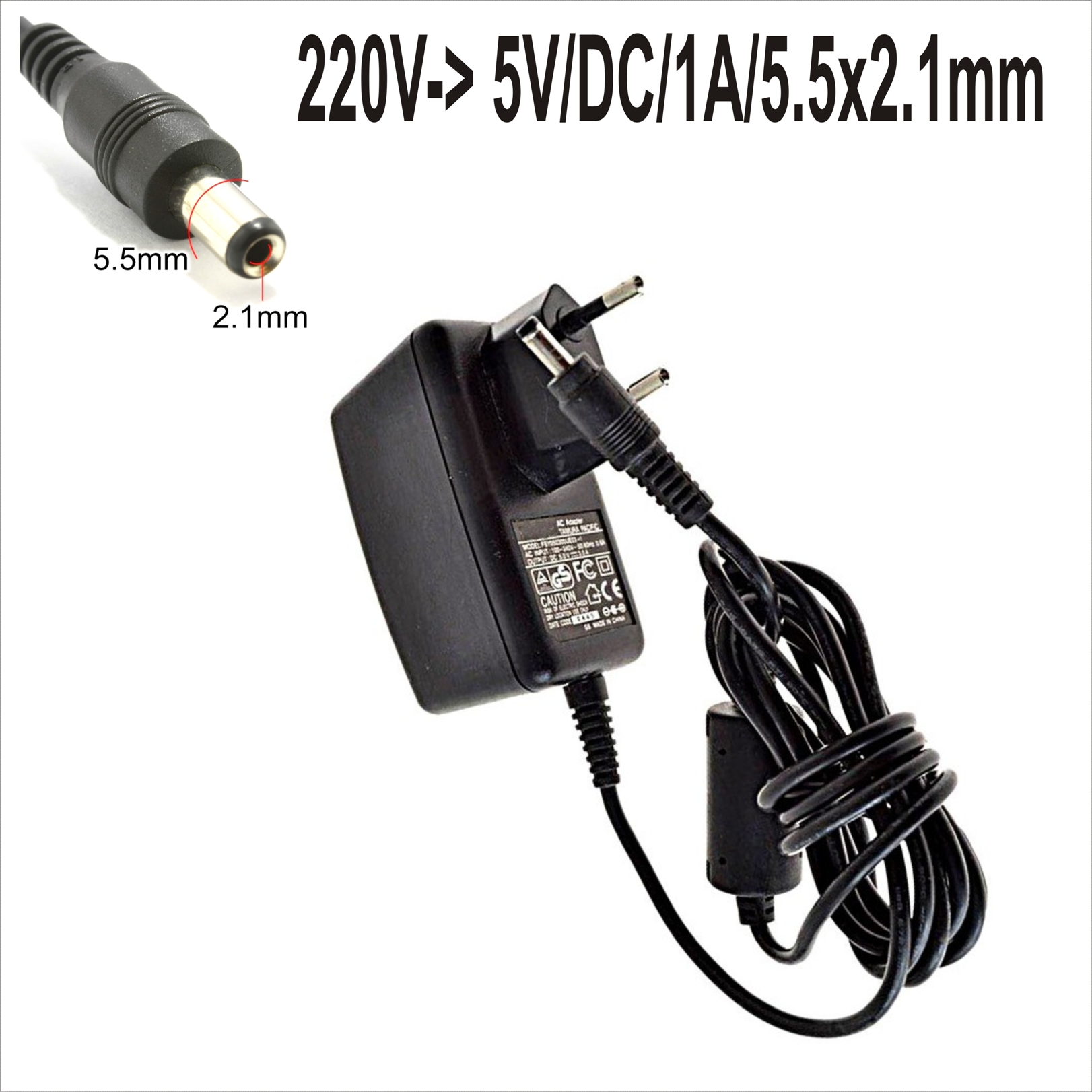 Захранващ адаптер 220V-> 5V/DC/1A/5.5x2.1mm